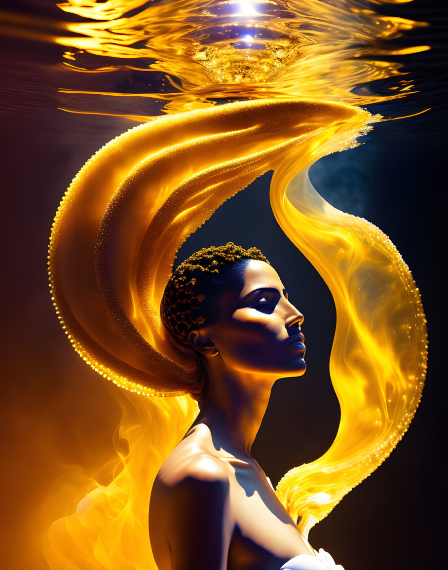 Profile of Woman with Golden Swirls: Fiery Halo on Dark Background