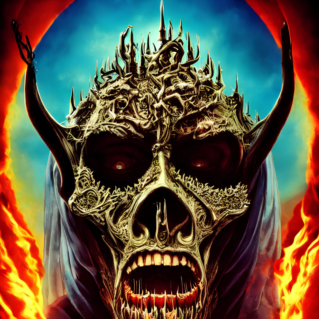 Detailed demonic skull with horns in fiery backdrop