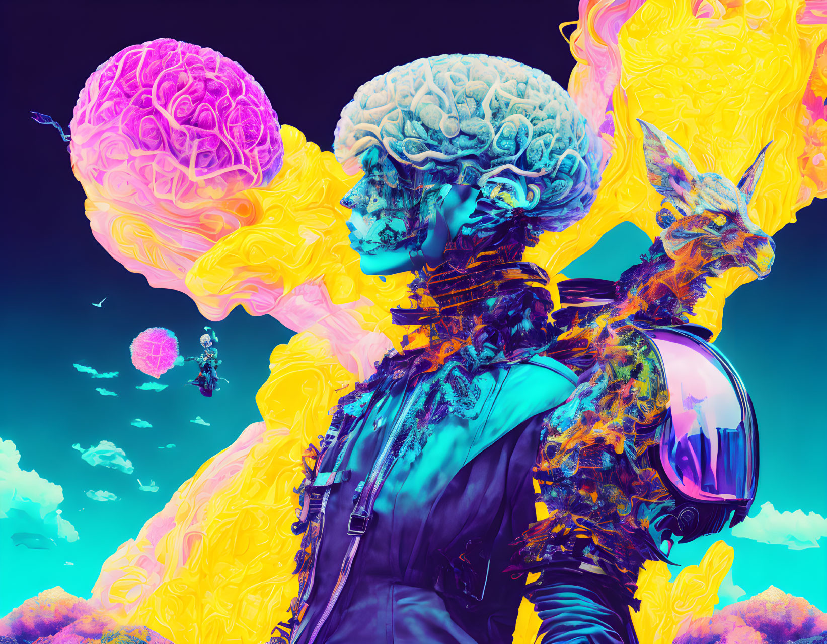 Colorful digital artwork of person with exposed brain and smoke on psychedelic background