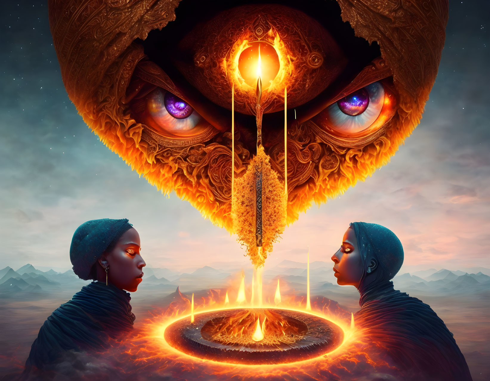 Surreal digital artwork: two facing profiles, fiery orb, cosmic backdrop, burning ring