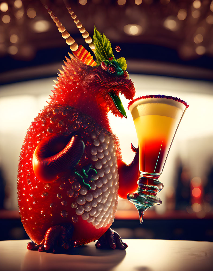 Colorful Dragon Creature with Cocktail Glass on Warm Bokeh-lit Background