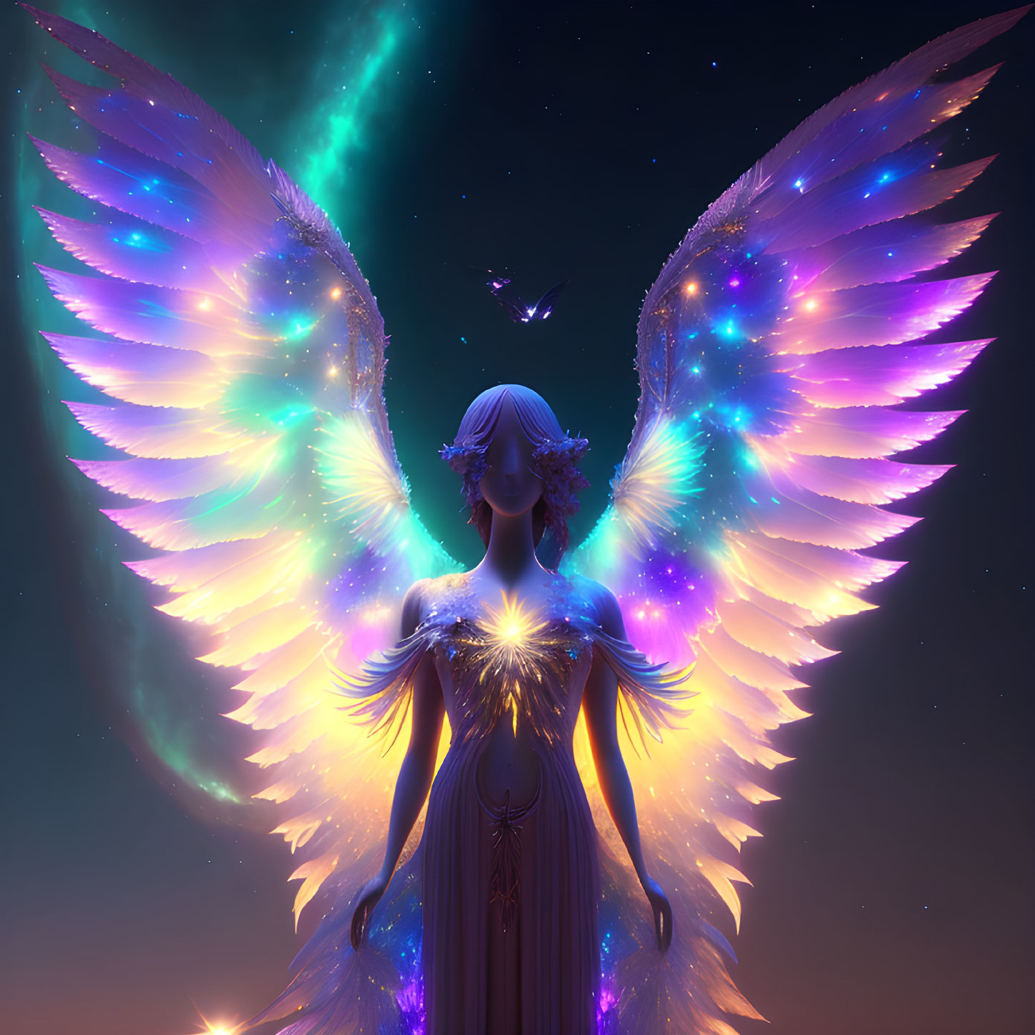 Multicolored Winged Figure Under Starry Sky with Bright Light and Bird