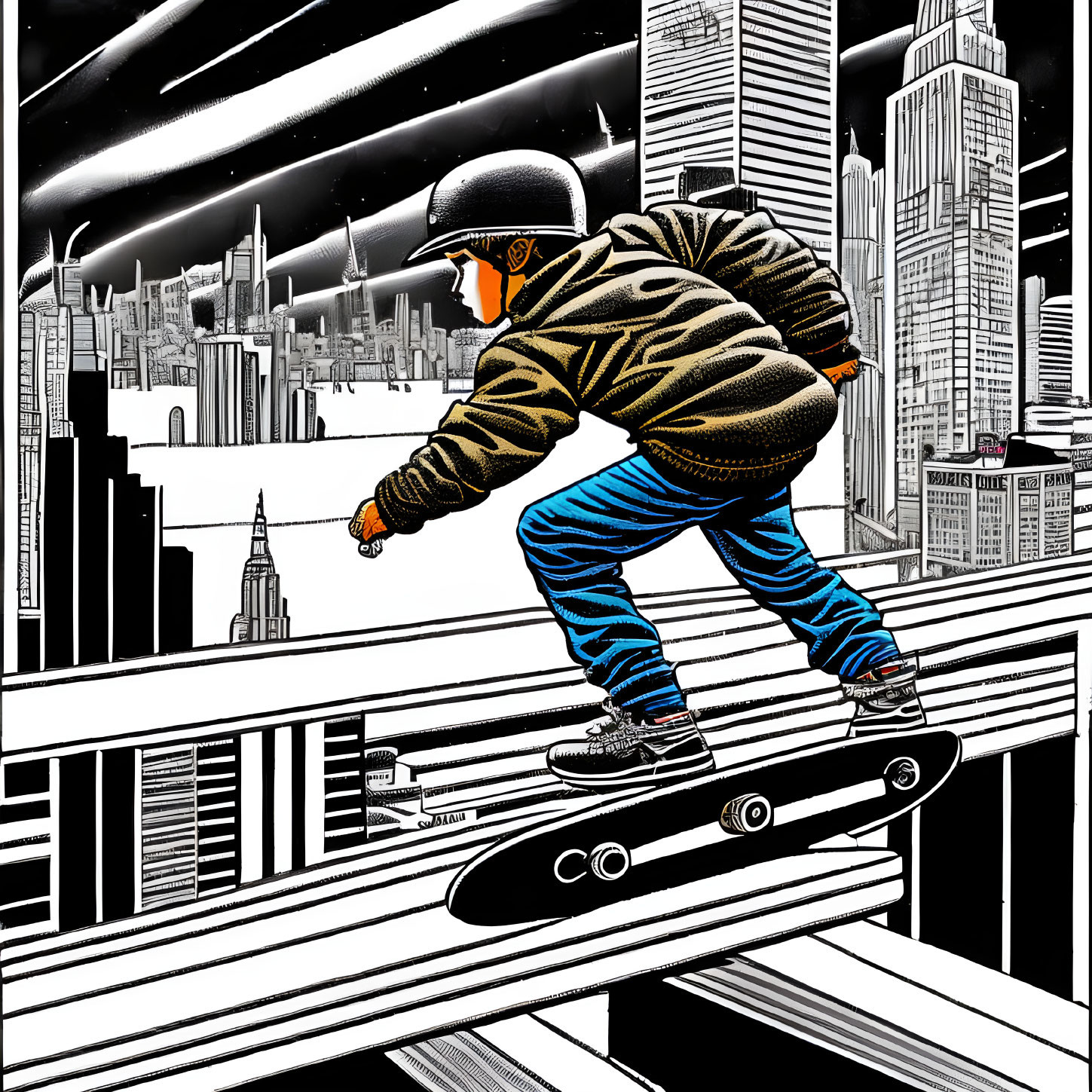 Skateboarder on railing with cityscape and shooting stars