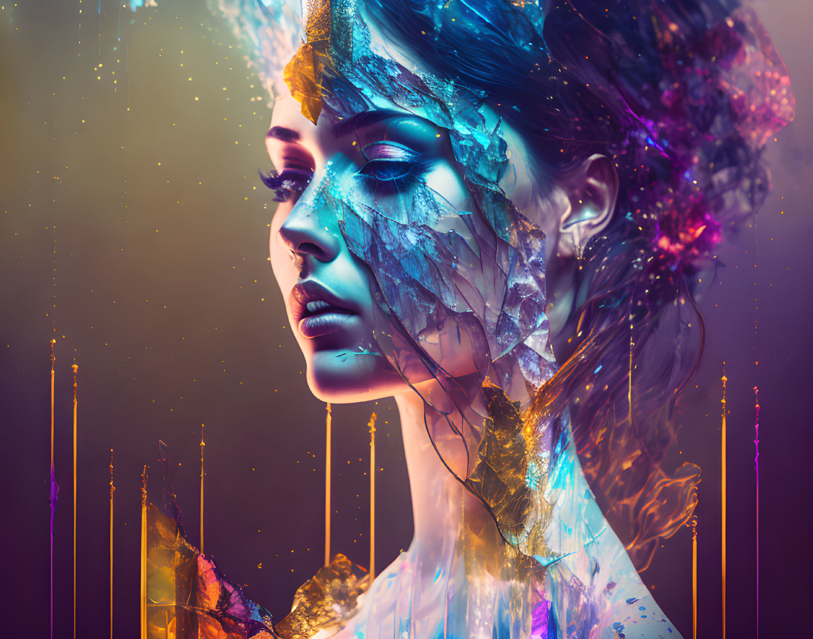 Colorful digital artwork featuring fragmented, crystalline woman in cosmic setting