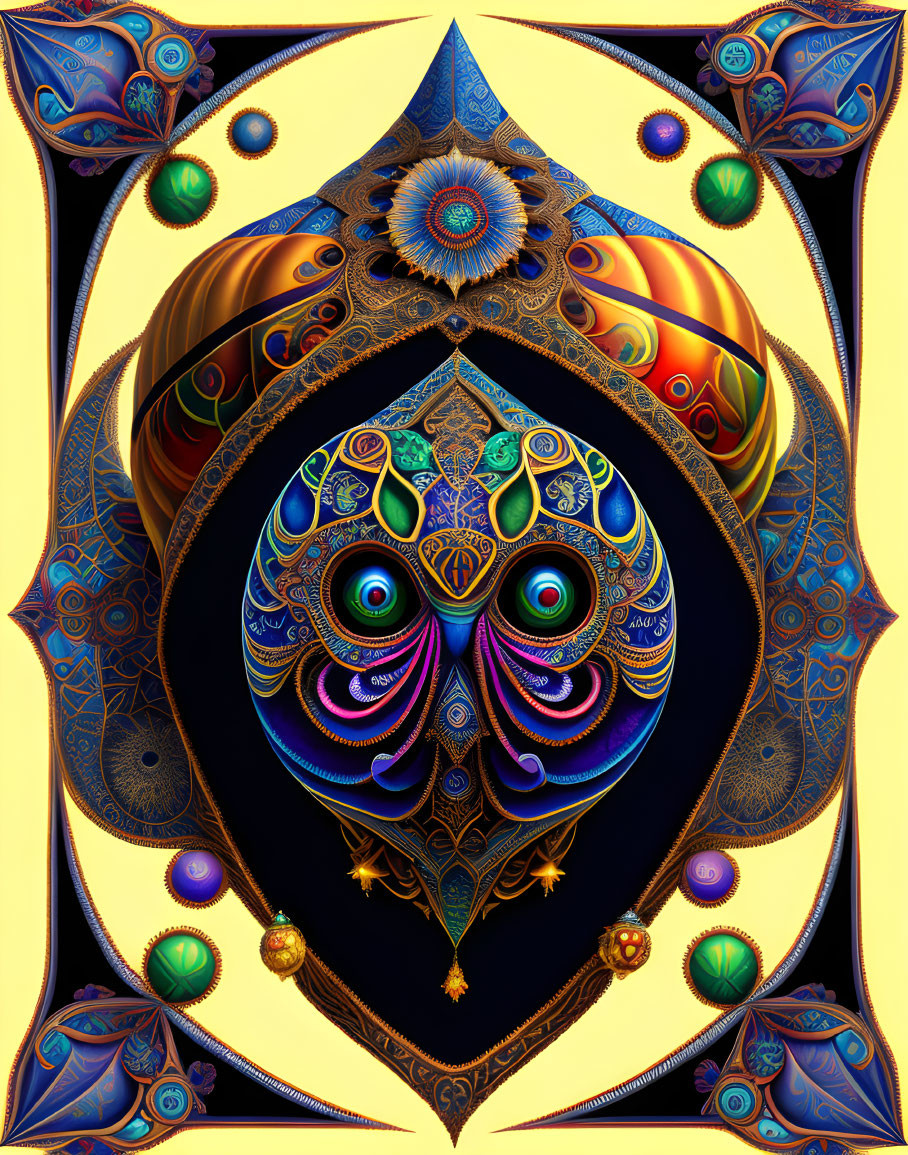 Symmetrical ornate digital artwork with jewel tones and gold accents