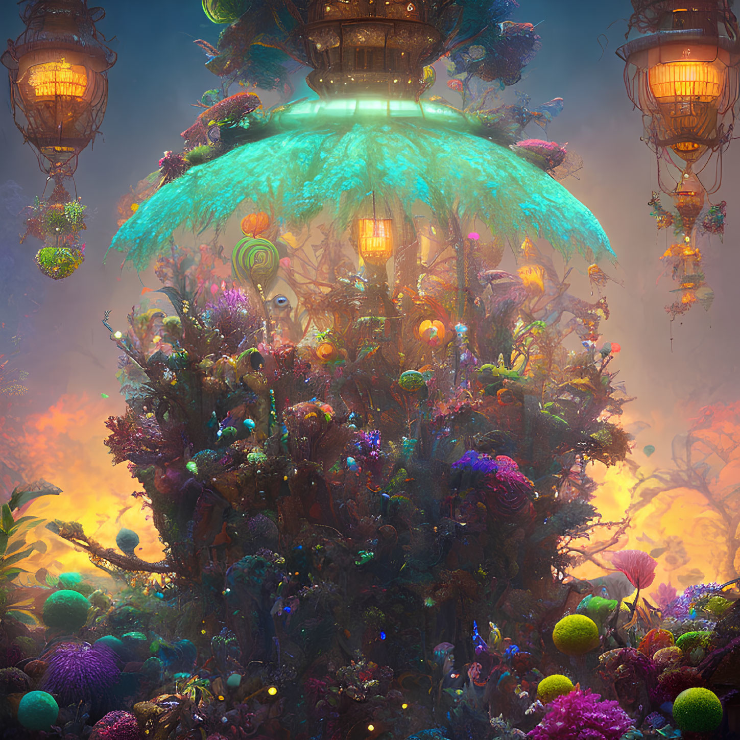 Enchanting tree with lanterns, glowing UFO-like structure, vibrant flora, mystical atmosphere