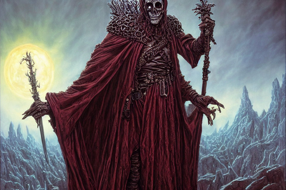 Skeletal figure in red cloak with staff in moonlit landscape