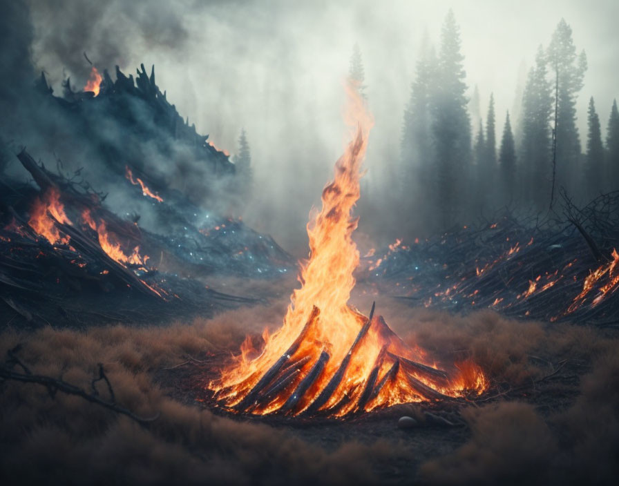 Intense forest wildfire with thick smoke and glowing flames