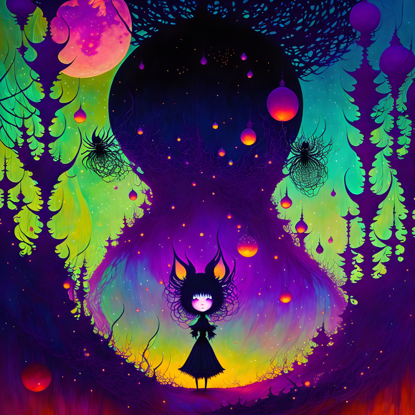 Colorful character with spiky hair in vibrant night sky with trees and orbs