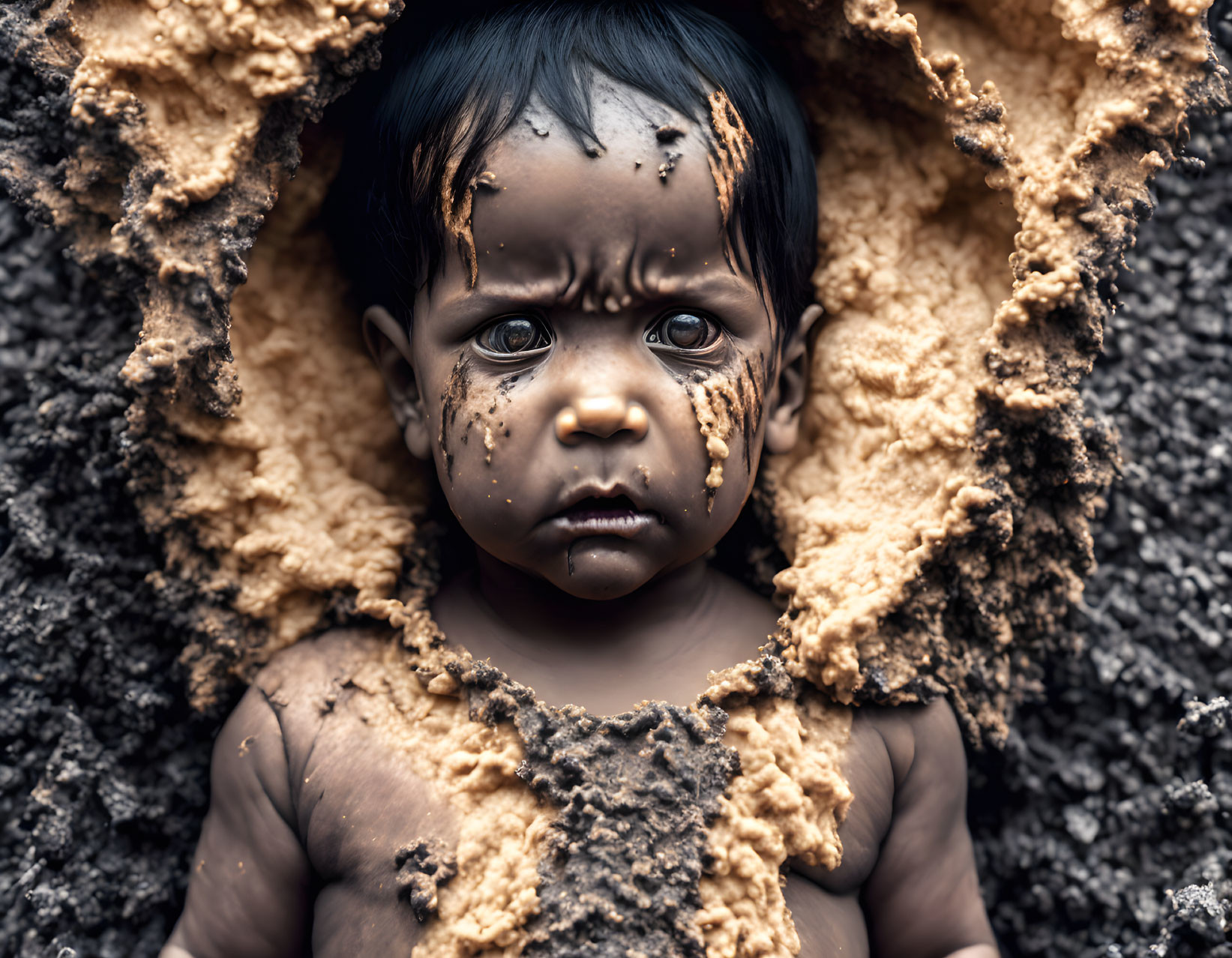 Serious-faced baby on cracked earth with dirt smudges