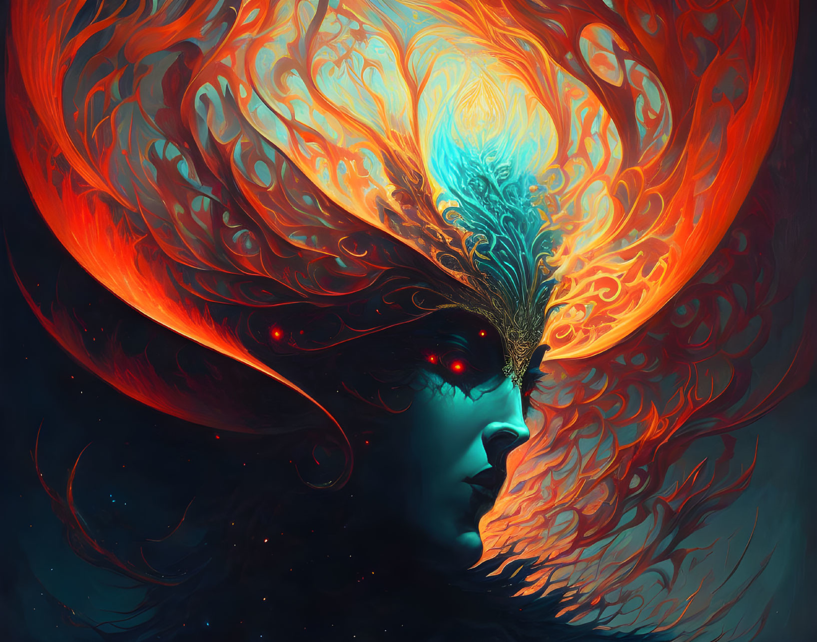 Colorful digital artwork: Profile with fiery hair and peacock feather design