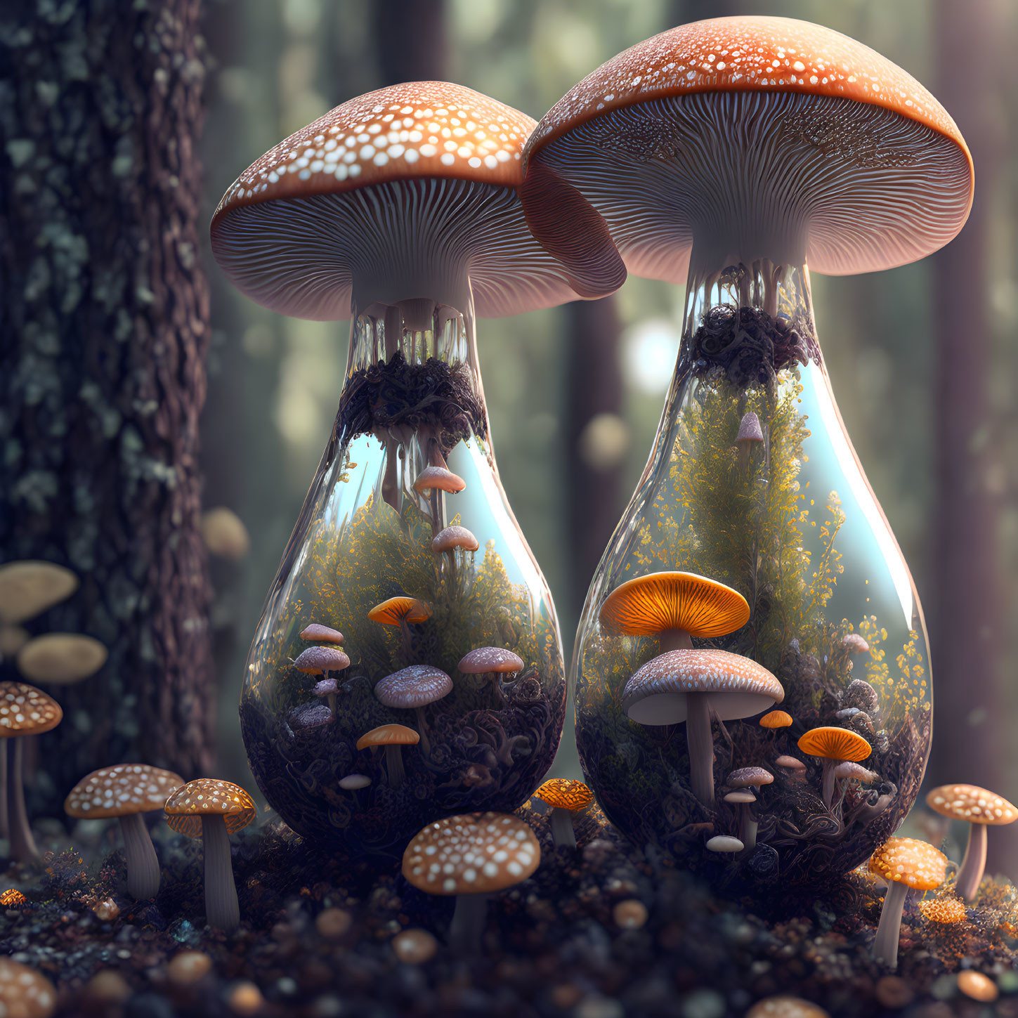 Large mushrooms with terrarium-like structures in mystical forest