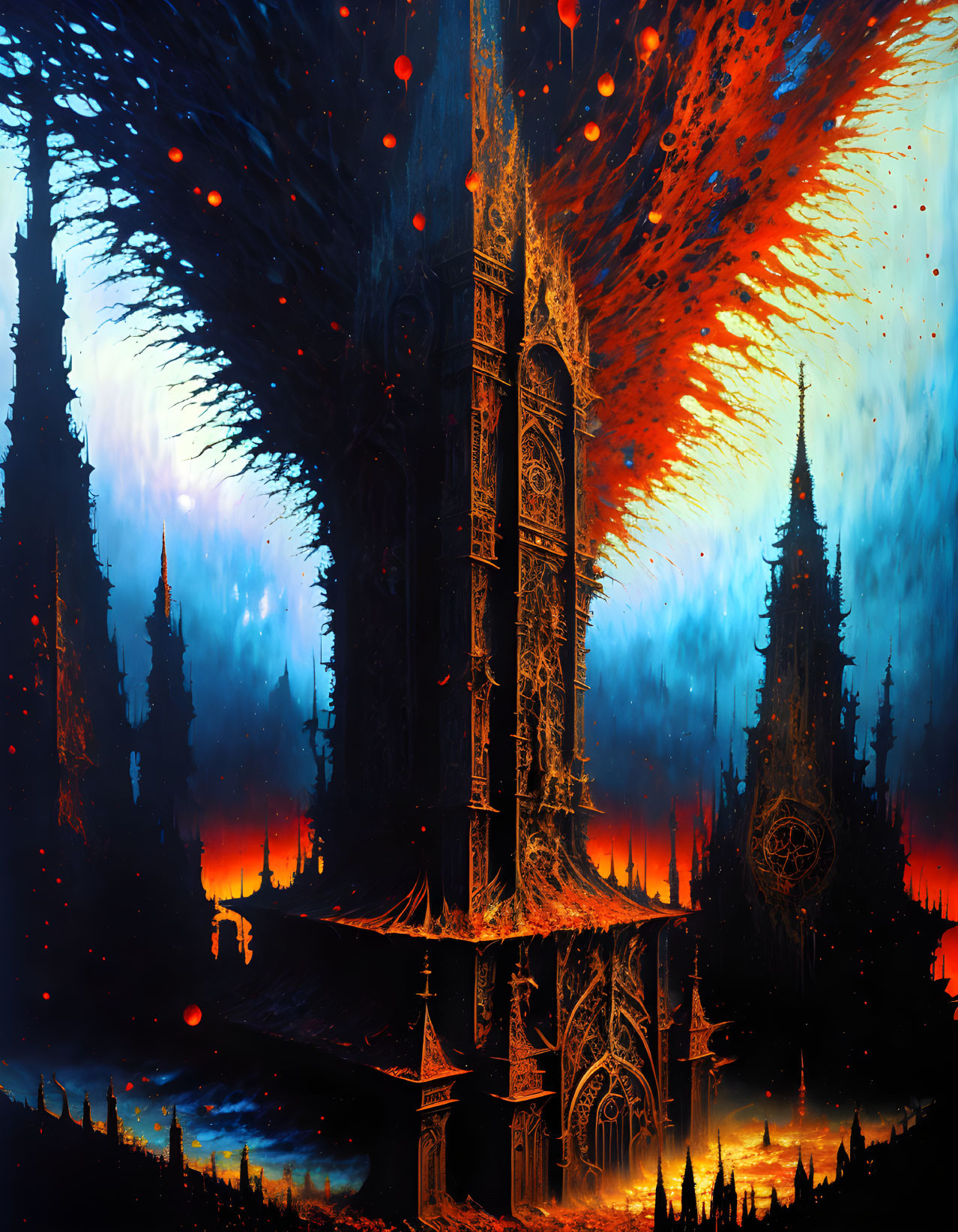 Ethereal gothic landscape with dark spire and fiery red accents