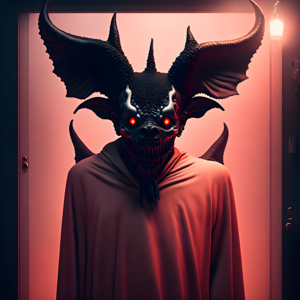 Sinister figure with glowing red eyes and horns by pink-lit door