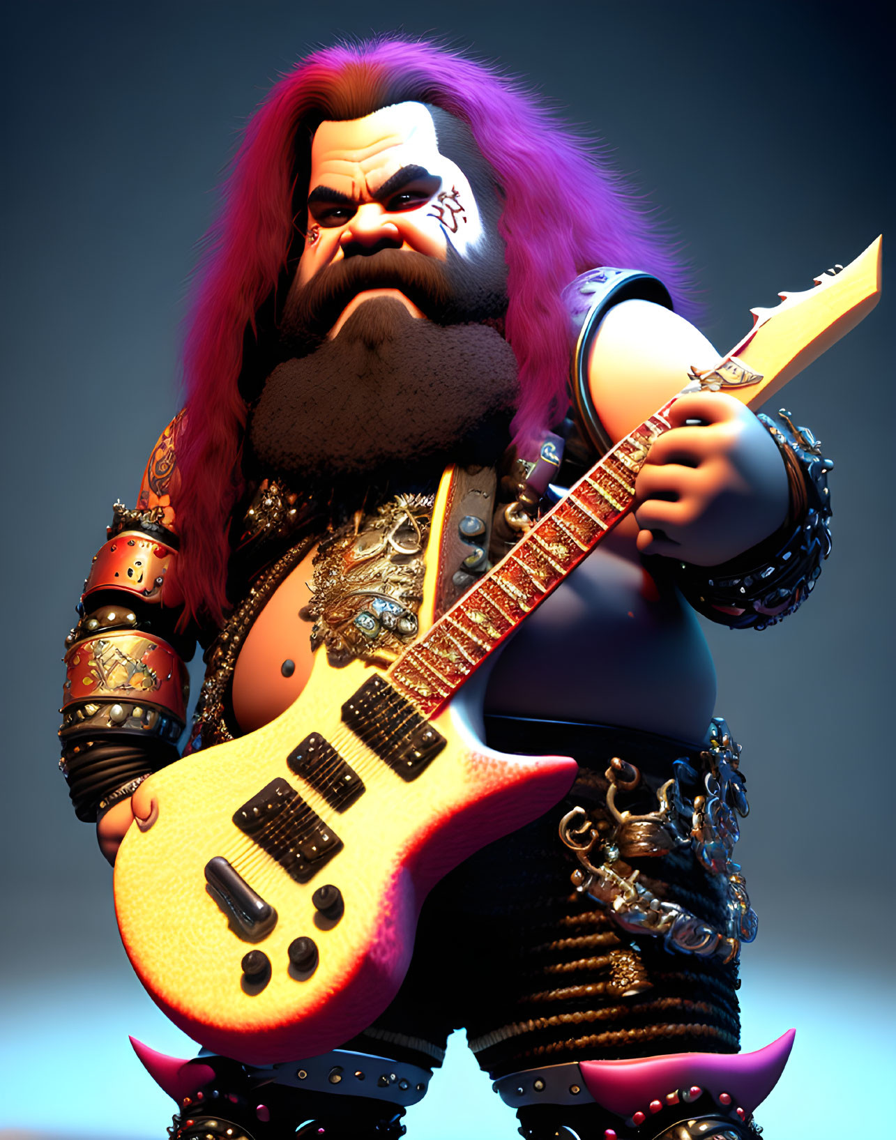 Muscular fantasy dwarf with pink hair playing guitar in elaborate armor