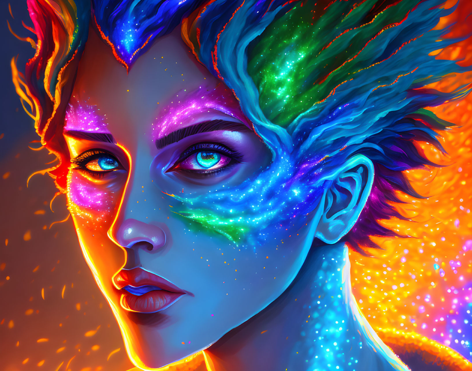 Colorful portrait of a stylized figure with cosmic body paint and rainbow hair on warm background