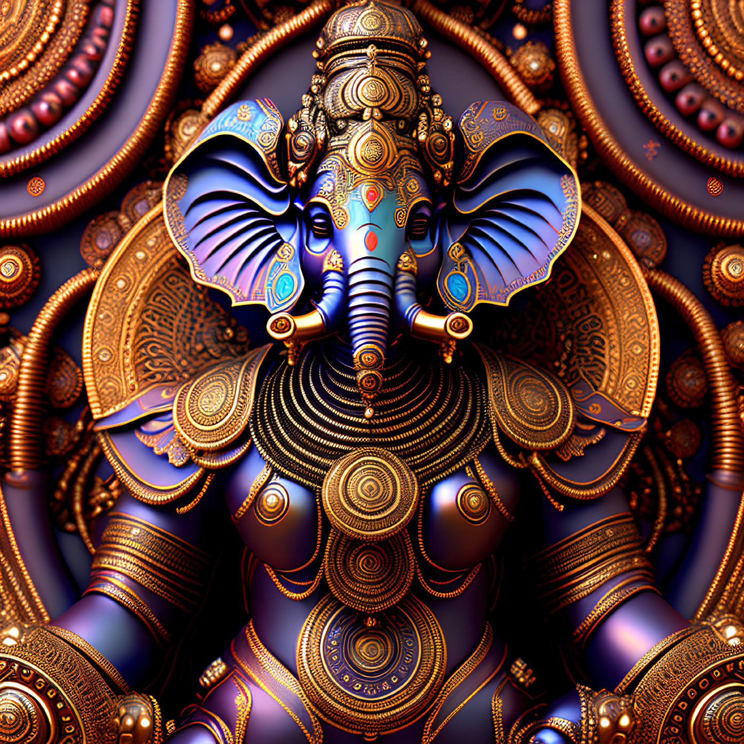 Colorful digital artwork of Hindu deity Ganesha with intricate patterns in blues and golds