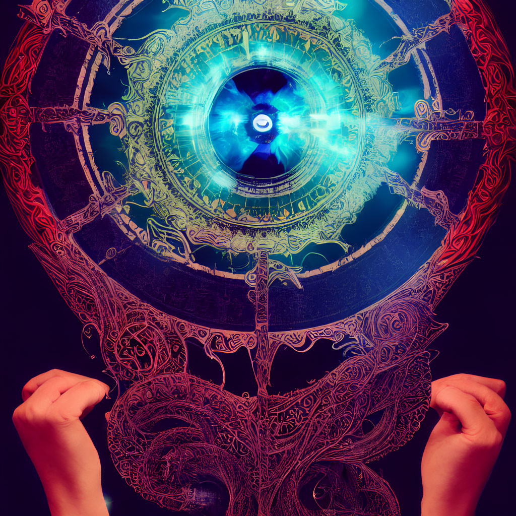 Silhouette with mystical symbols forming glowing blue eye mandala