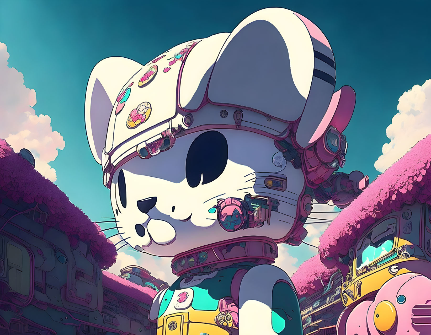 Colorful Helmet Space Cat Among Pink Trees and Vehicles Under Blue Sky