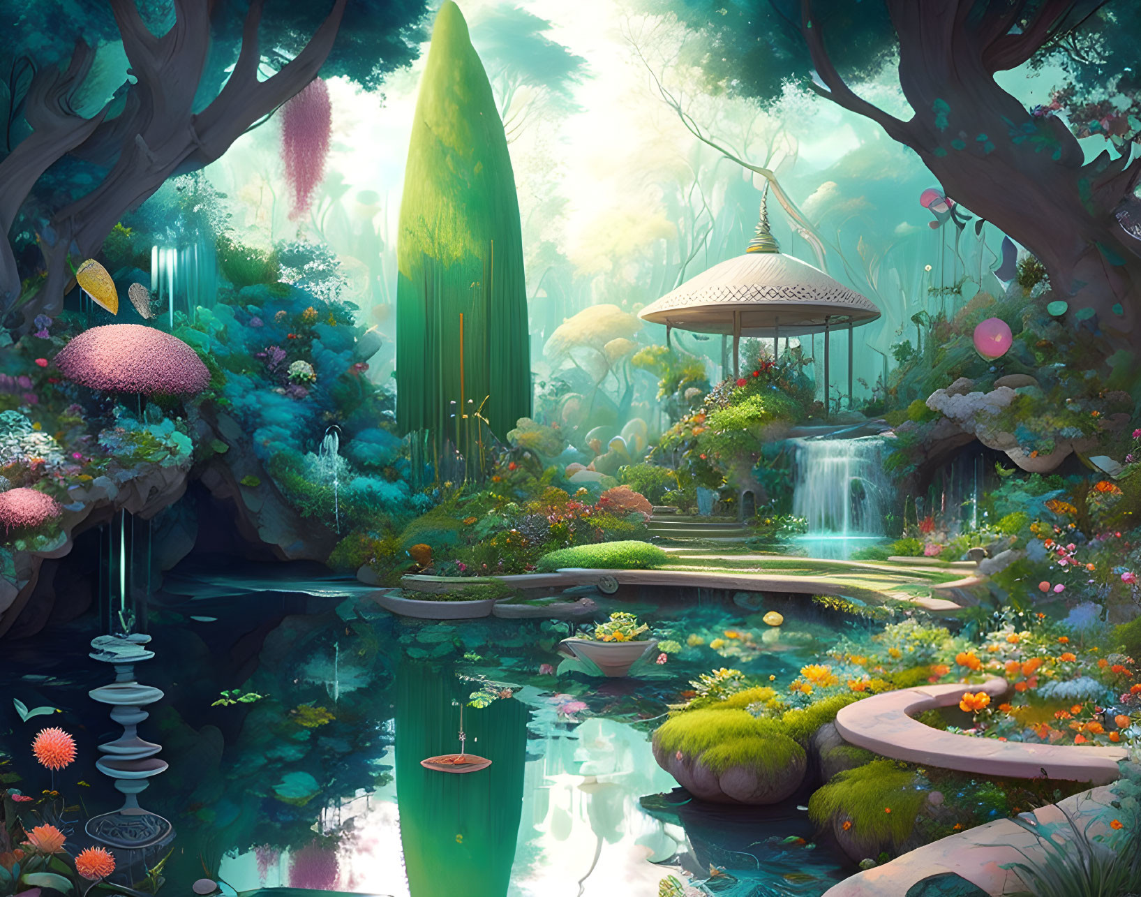 Mystical garden with lush greenery, vibrant flowers, tranquil pond, and whimsical structures