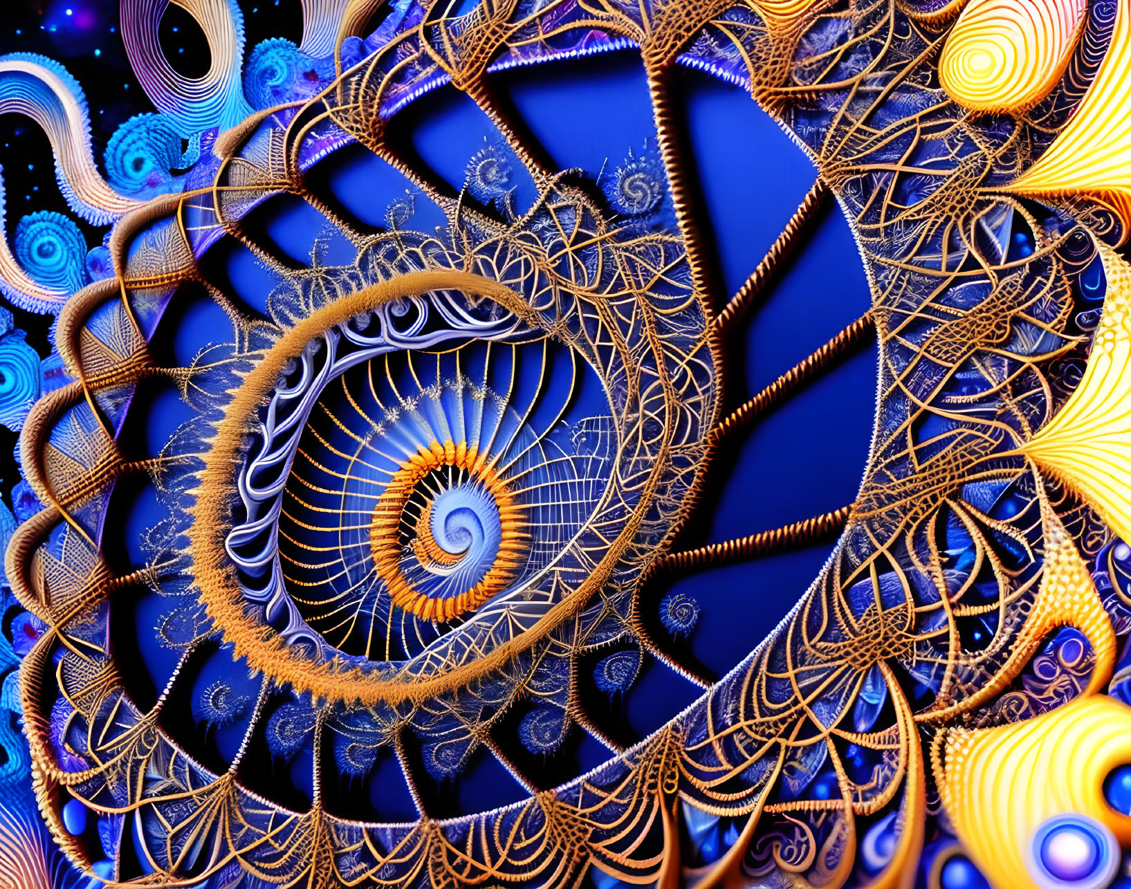 Intricate Orange and Blue Fractal Spiral Patterns