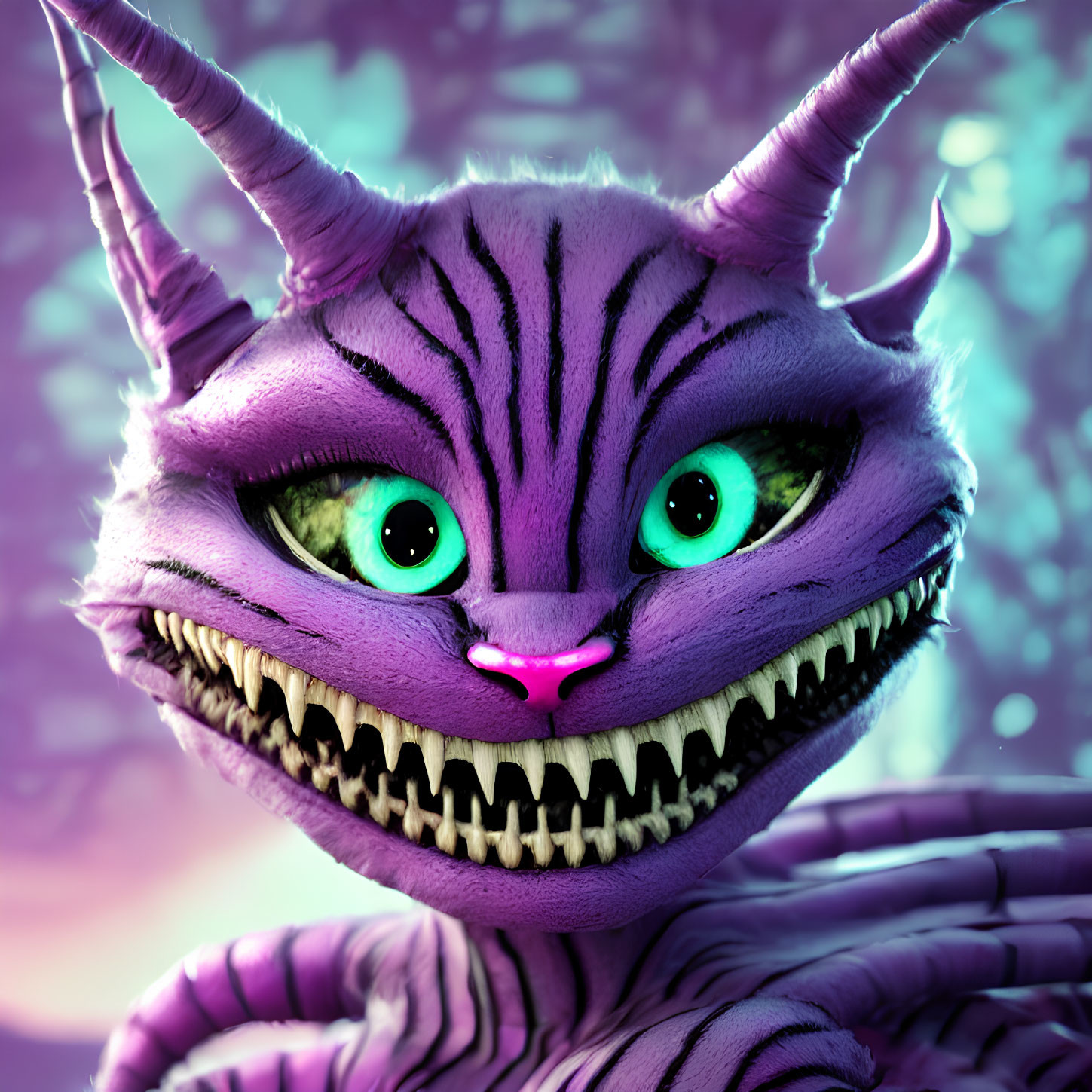 Whimsical Purple Creature with Striped Fur and Green Eyes