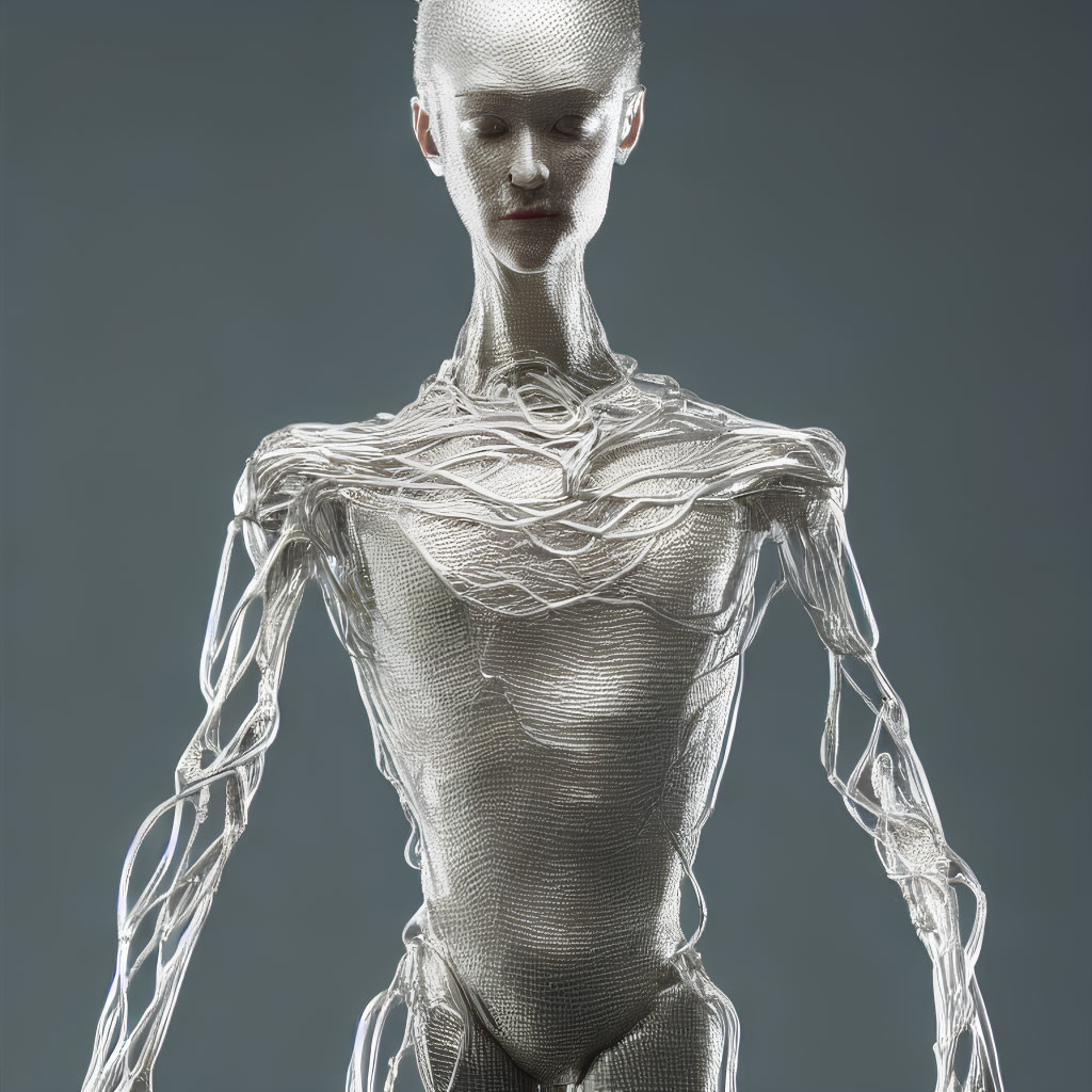 Futuristic humanoid figure with wire mesh skin in digital art