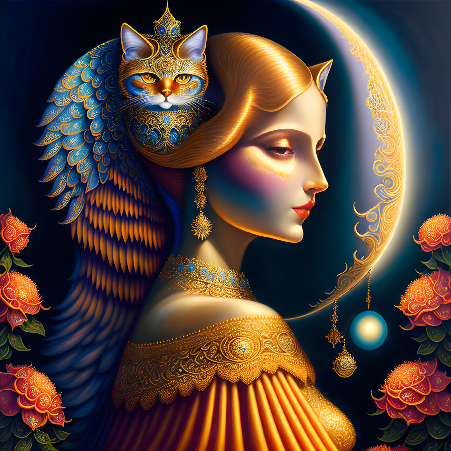 Illustration of woman with cat-like features and blue-winged cat on crescent moon.