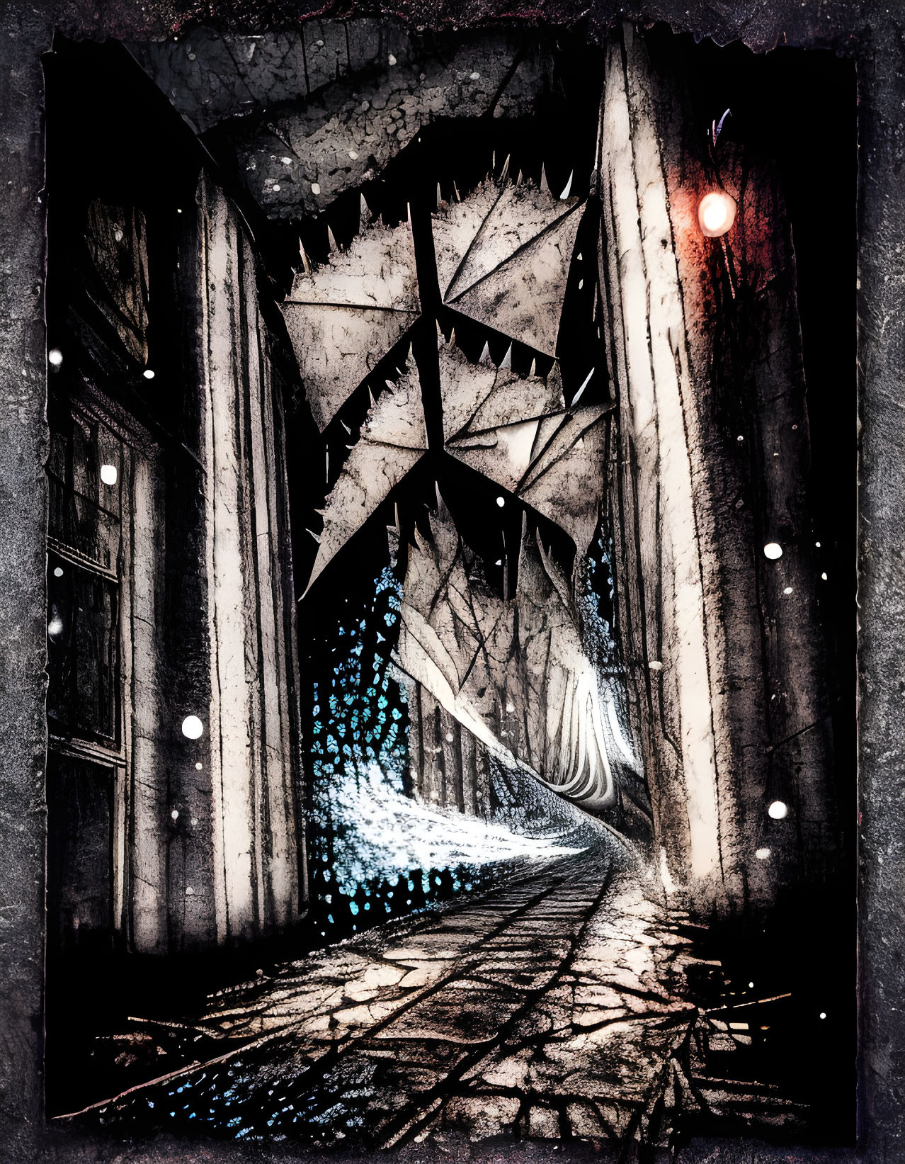 Gothic Alleyway with Abstract White Shapes, Blue Orbs, and Red Glow