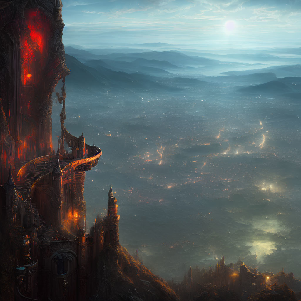 Cliffside city in mystical landscape at sunrise or sunset