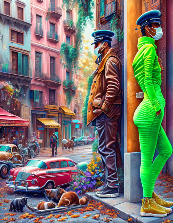 Stylized people in masks on vibrant, colorful street with vintage cars and cats