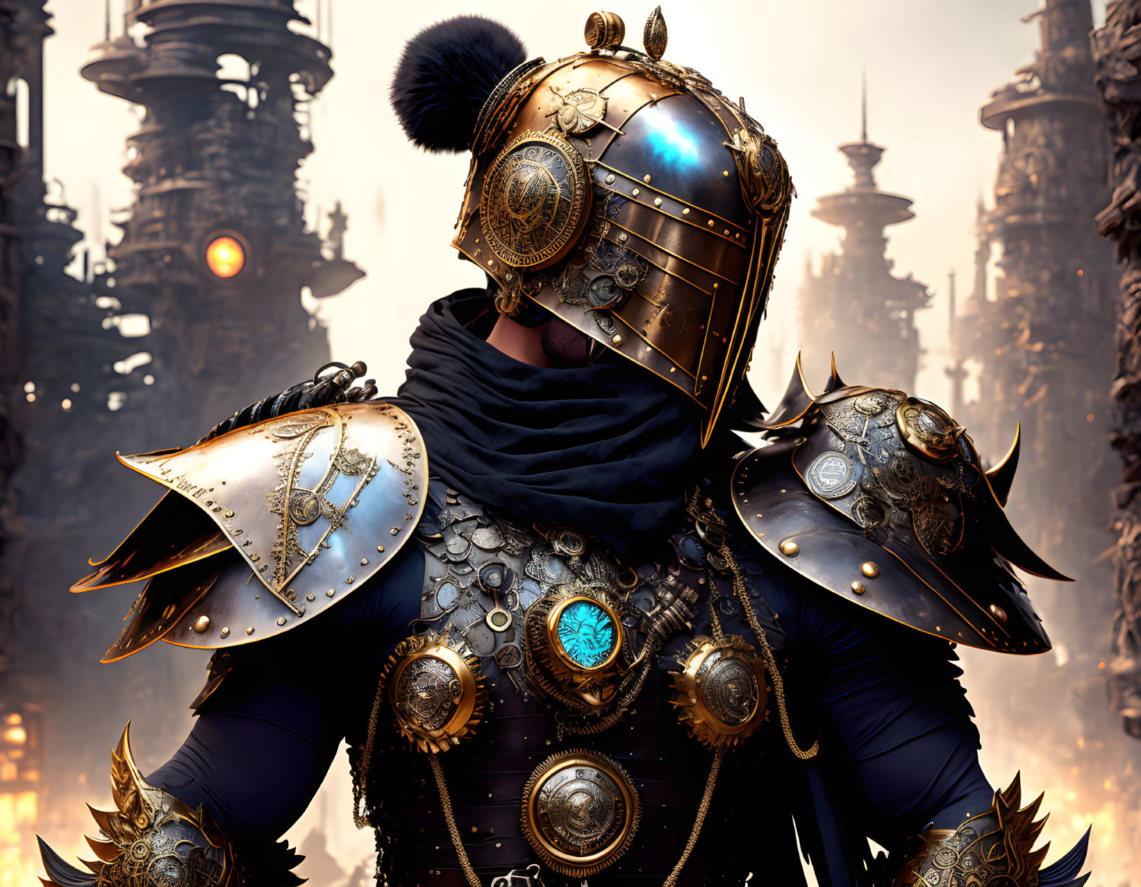 Knight in ornate golden armor against dark spires