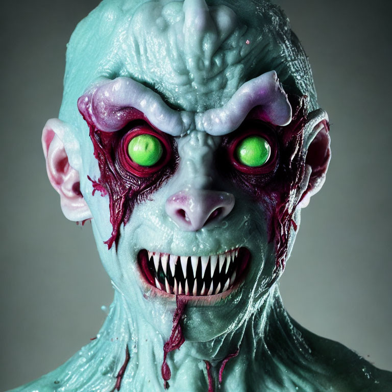 Detailed Close-Up of Horror-Themed Monstrous Mask with Green Skin and Glowing Eyes