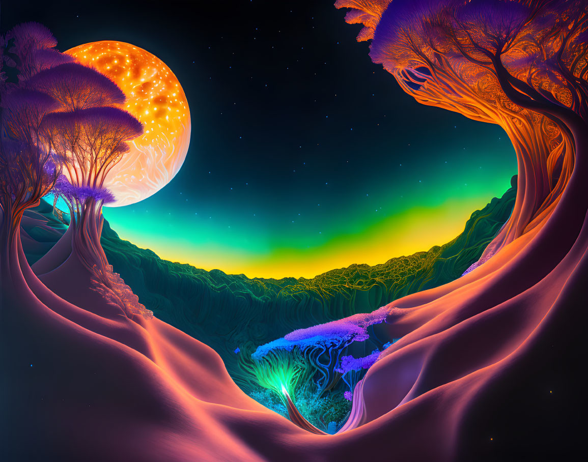 Colorful digital art: glowing aurora, moon, stars, whimsical trees in mystical valley