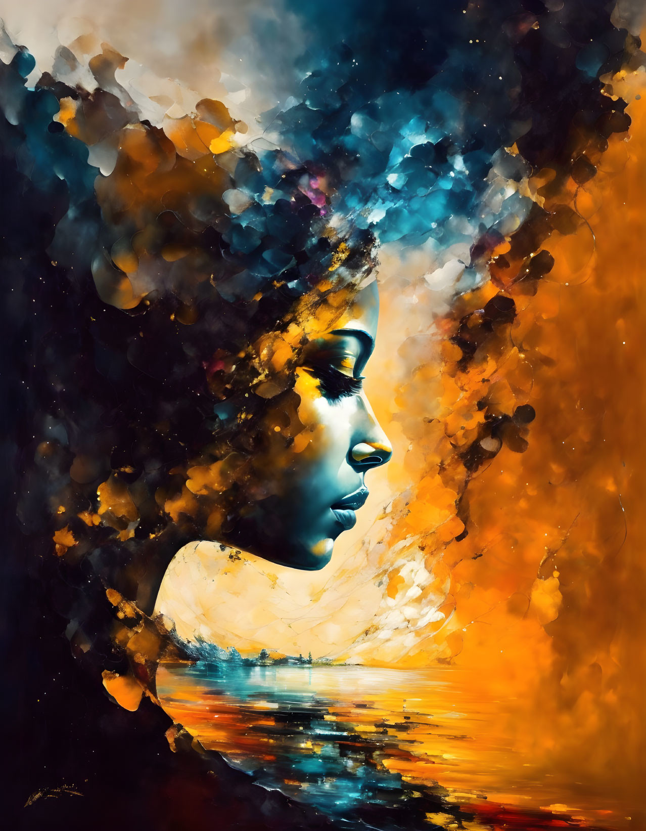 Colorful Abstract Portrait of Woman Blending into Cosmic Nebula