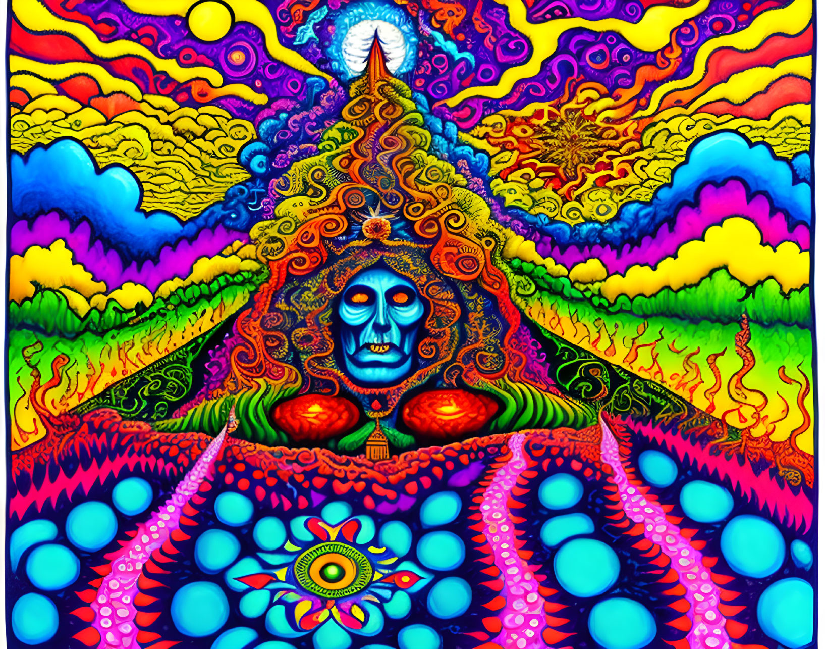 Colorful Psychedelic Art: Skull surrounded by Abstract, Cosmic, and Natural Motifs