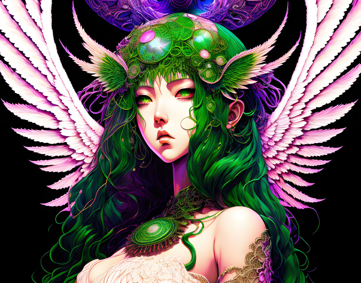 Fantastical female figure with green hair, peacock feather headdress, and white wings on black