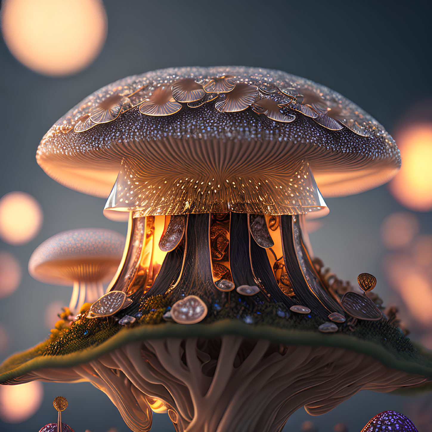 Whimsical oversized mushroom with glowing underbelly amidst smaller mushrooms.