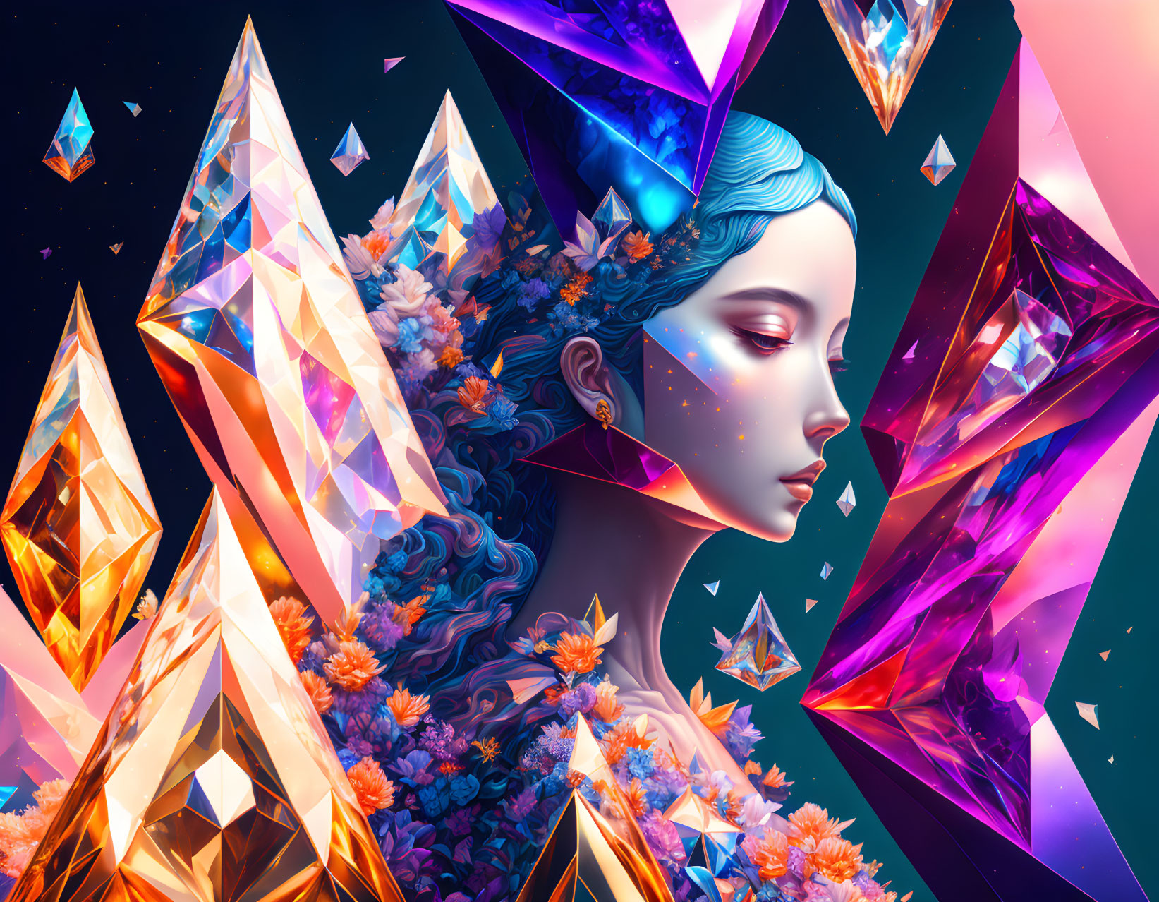 Colorful digital artwork: Woman with blue hair, crystals, and florals on dark background