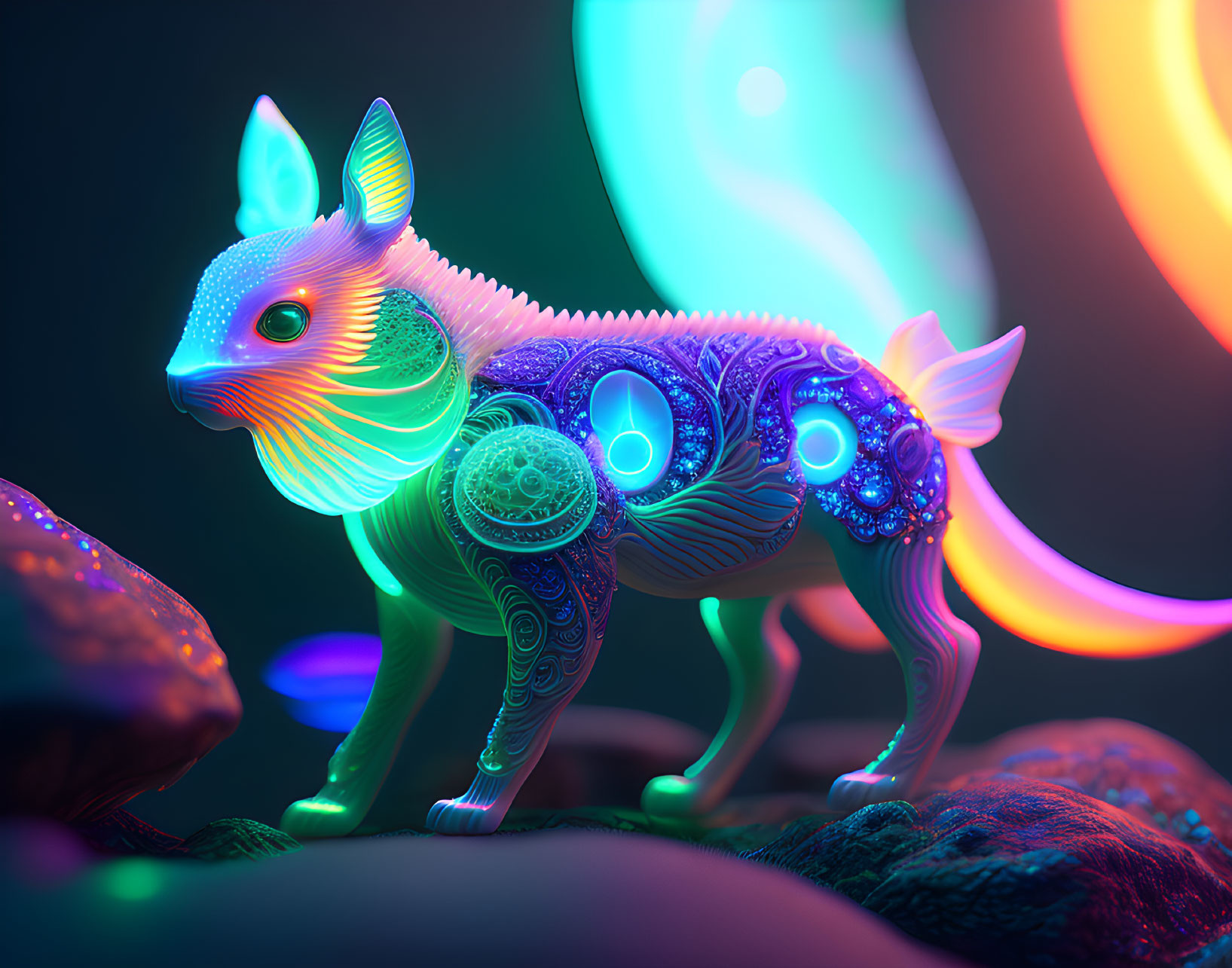 Colorful neon-lit fantasy creature on rocks against ethereal backdrop