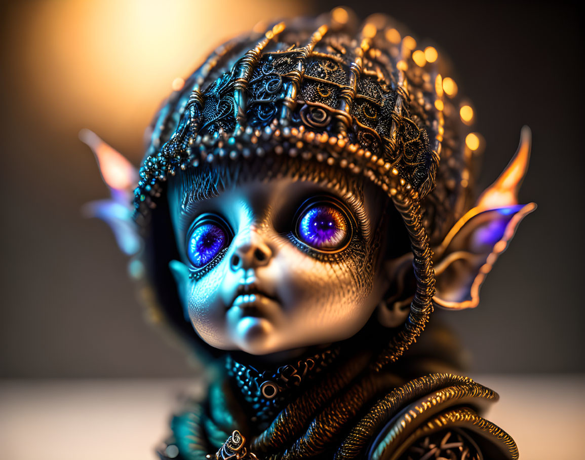 Fantasy-style doll with pointed ears and purple eyes in ornate helmet and collar