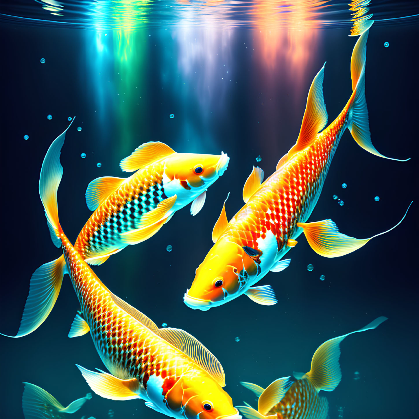 Colorful koi fish in serene blue water with light rays