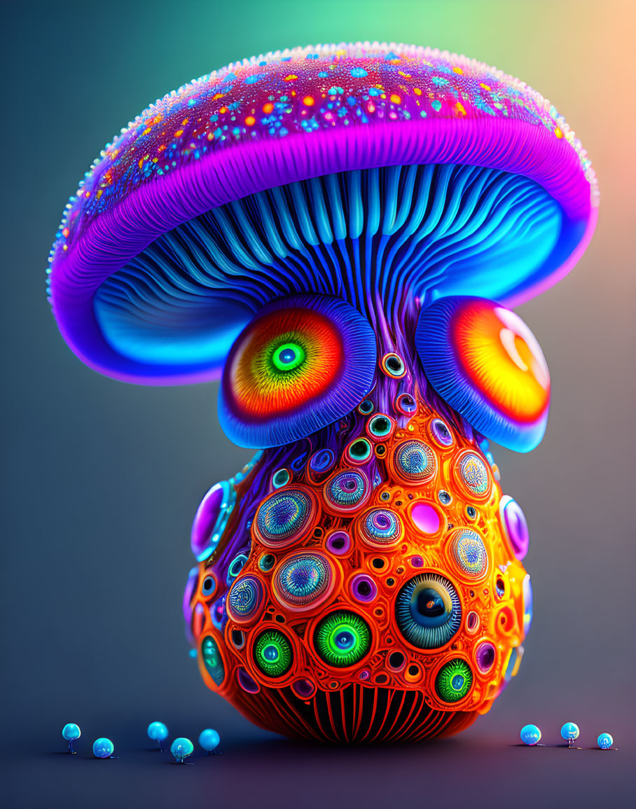 Colorful psychedelic mushroom illustration on gradient background