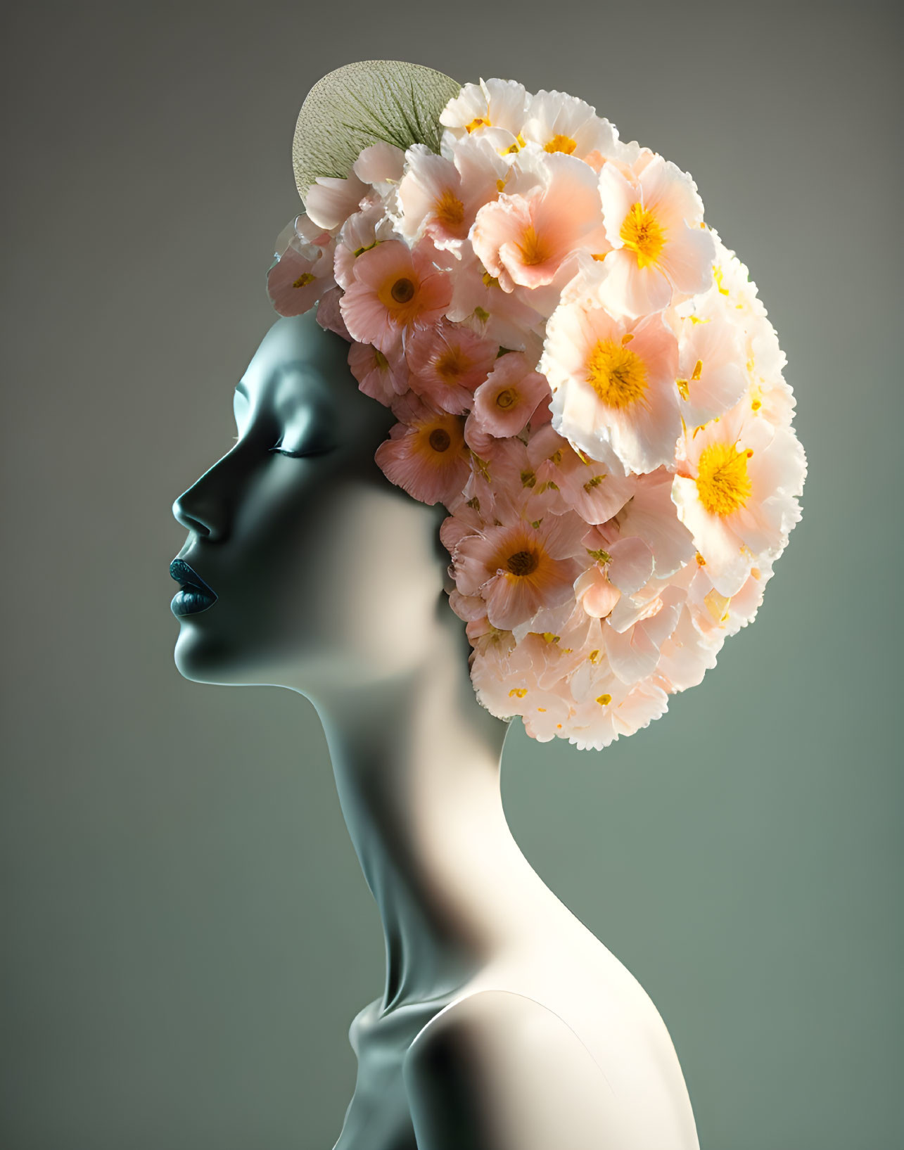 Teal Mannequin Profile with Pink Flower Hat on Grey Background