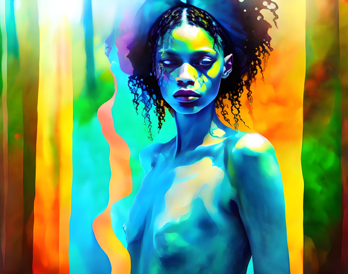 Colorful digital portrait of a woman against abstract background