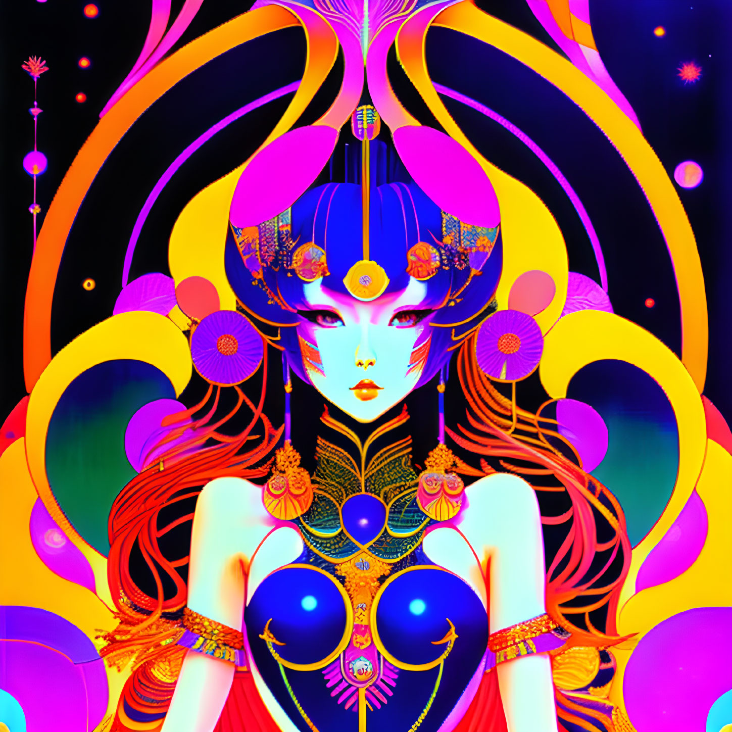 Colorful psychedelic female figure with ornate headdress and neon patterns