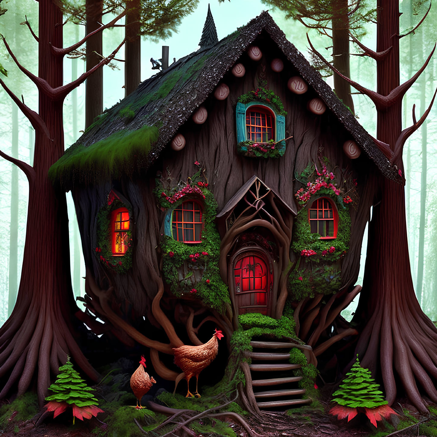 Enchanted forest treehouse with moss-covered roof and glowing windows