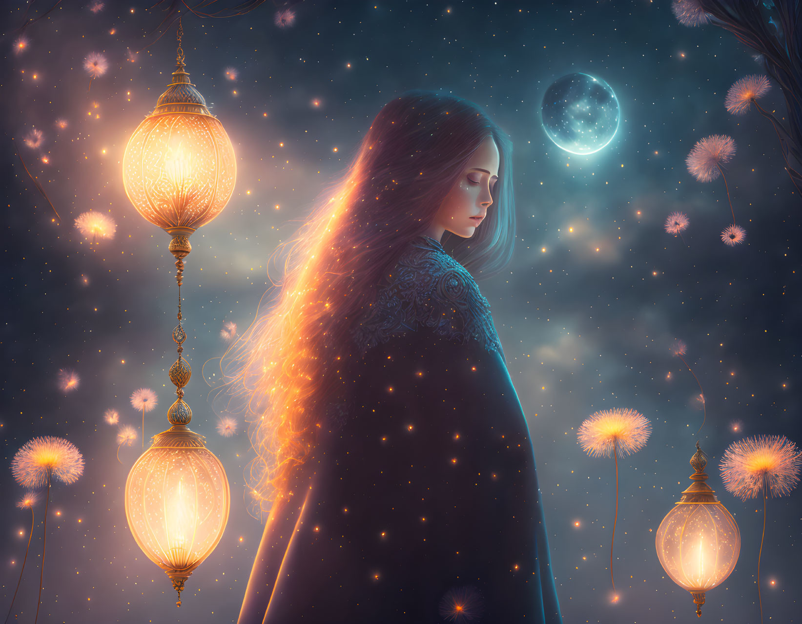 Woman in cloak under night sky with moon, dandelions, and lanterns