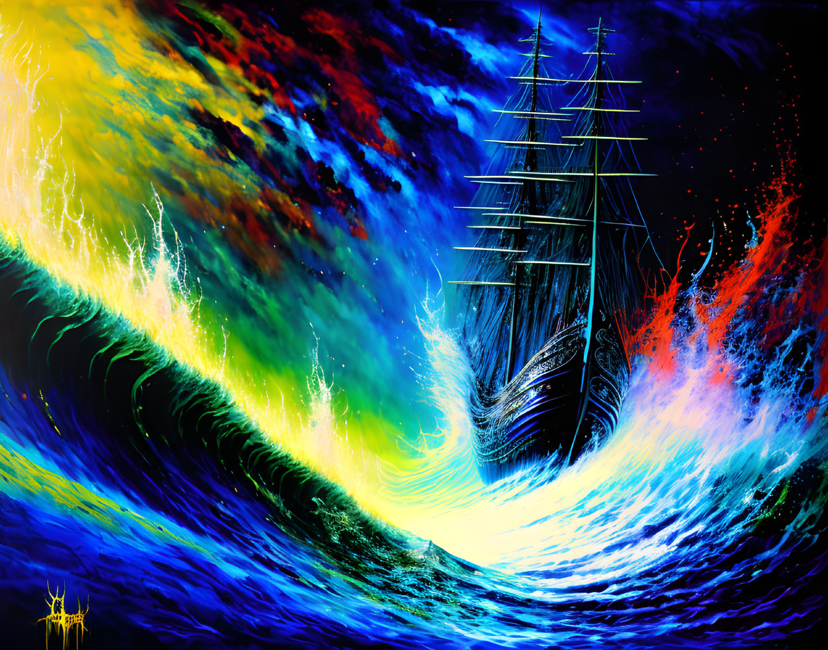 Colorful Artwork: Sailing Ship on Fantastical Wave