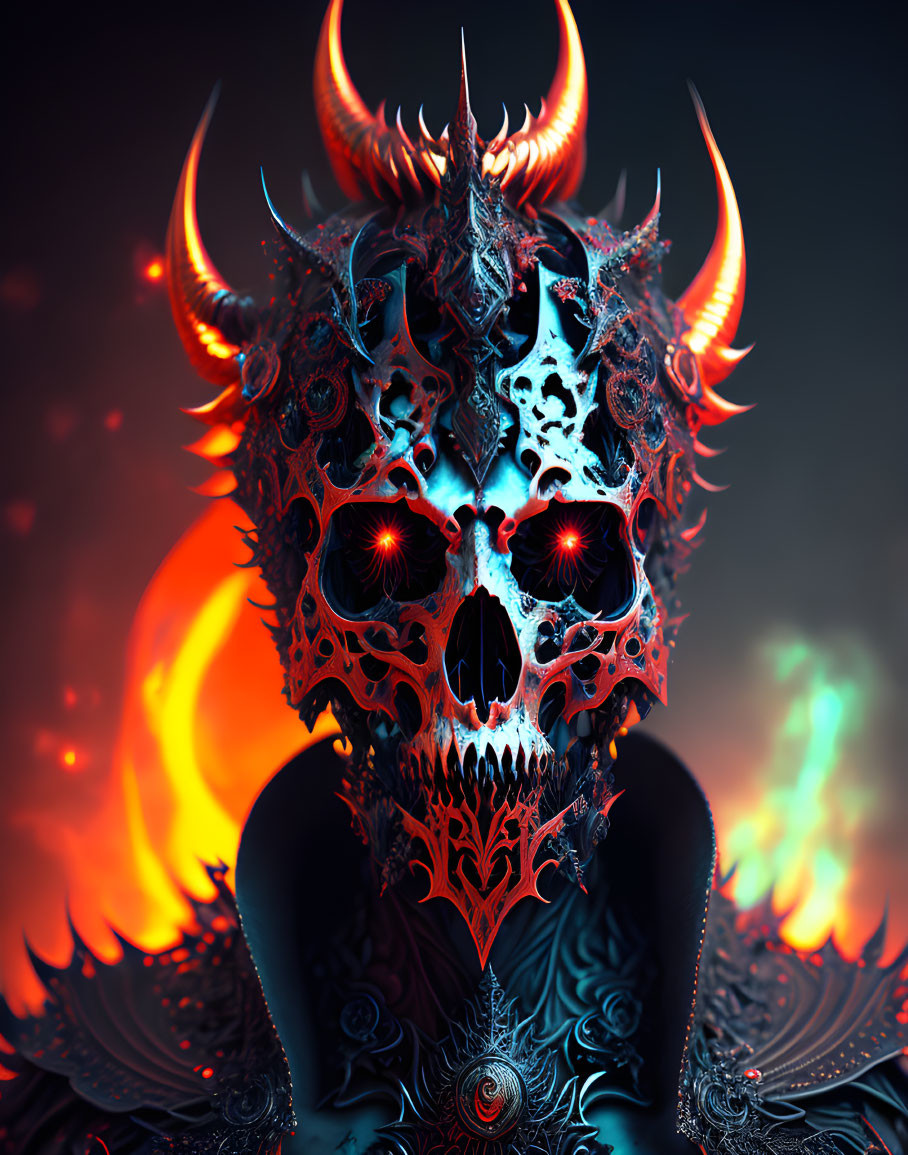 Sinister demonic figure with skull-like face and fiery horns in flames.